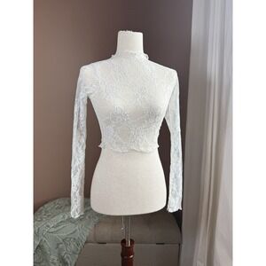 RESA White Lace Long Sleeve Crop Top XS Sheer Bridal Mock Neck Stretch